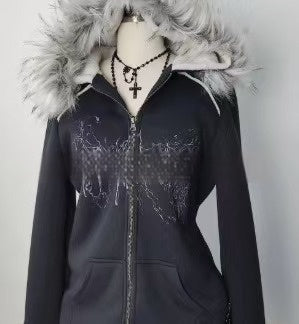 Y2K Kapuzenpullover mit Fellkapuze