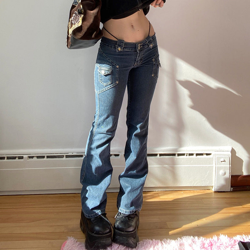 Flared Low Rise Jeans Button Pocket