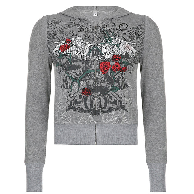 Y2K Graphic Grey Hooded Sweatshirt