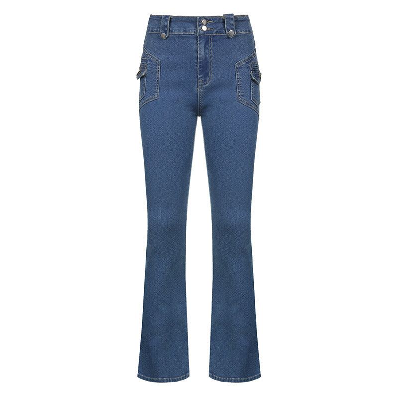 Flared Low Rise Jeans Button Pocket