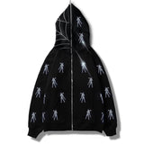 Black zip-up hoodie with rhinestone detailing, Y2K streetwear