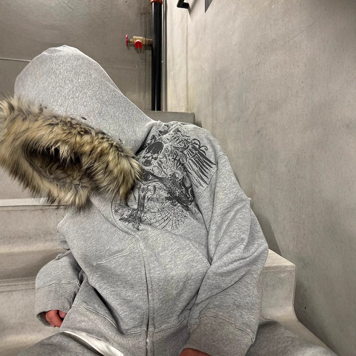 Y2K Graphic Fur Hooded Sweater