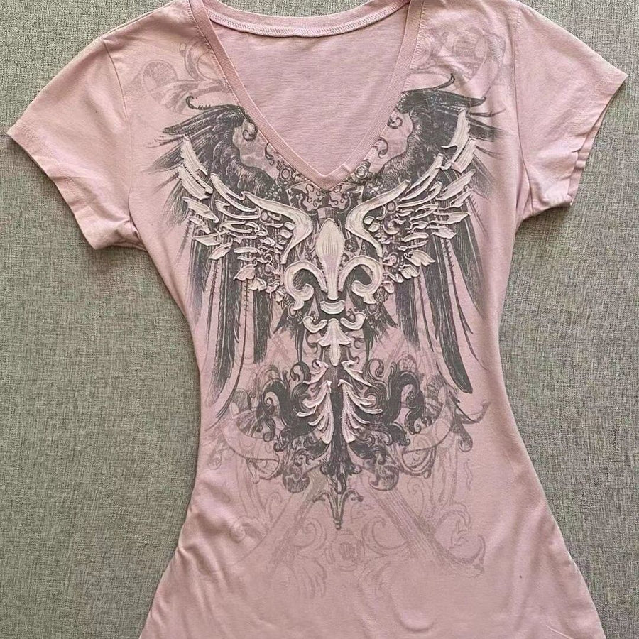 Y2K Graphic V-neck Slim Tee
