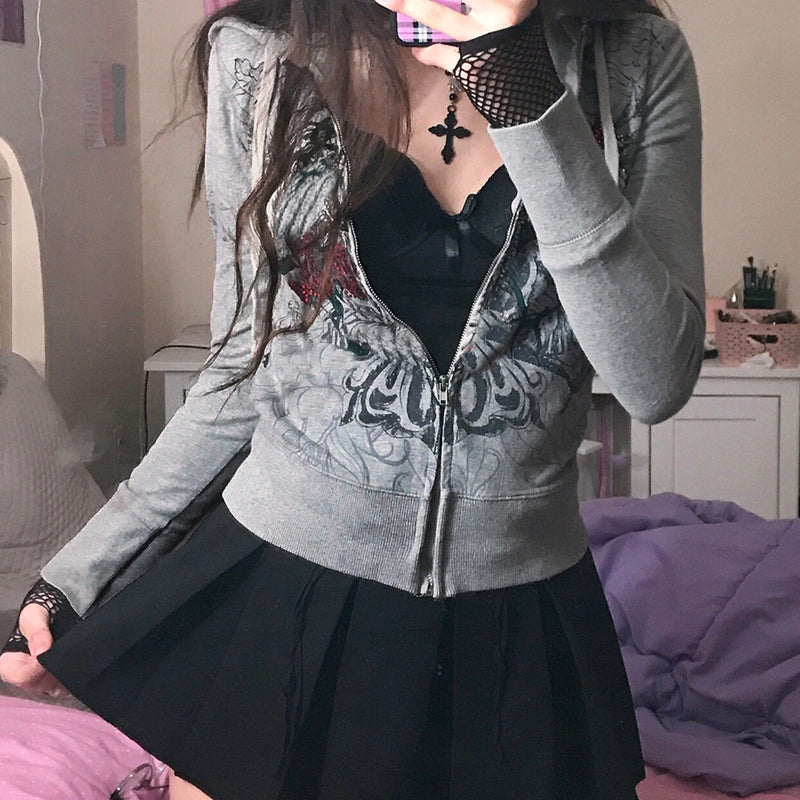 Y2K Graphic Grey Hooded Sweatshirt