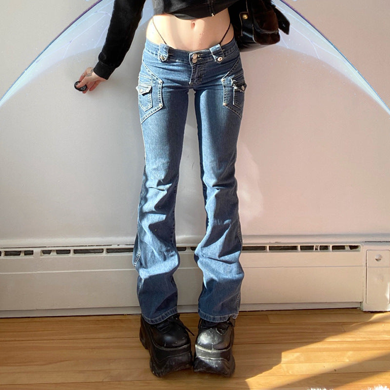 Flared Low Rise Jeans Button Pocket