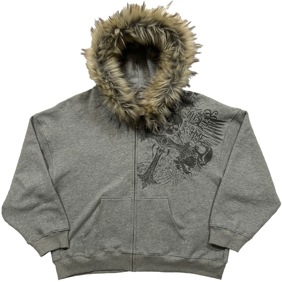 Y2K Graphic Fur Hooded Sweater
